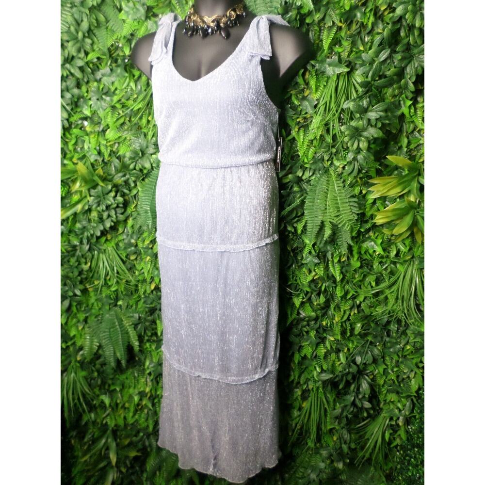 GLAMOUR Women Dress 10 Blue Metallic Silver Formal Ruffle Accent NWT $80.00 0112